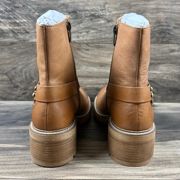 Steve Madden Cordelia 9M Cognac Leather Block Heel Harness Biker Ankle Boot - Picture 8 of 12